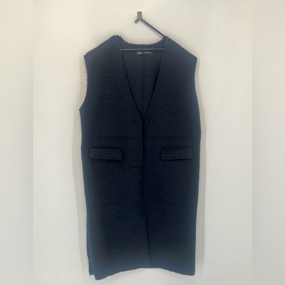 Zara Boucle Knit Textured Open Front Sleeveless Long Vest Minimalist Coat Jacket - Picture 5 of 7